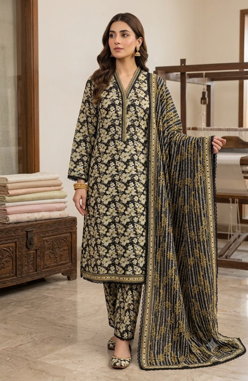 Premium Red Embroidered Lawn, Cotton, Silk  3PC Suit - KNST-001