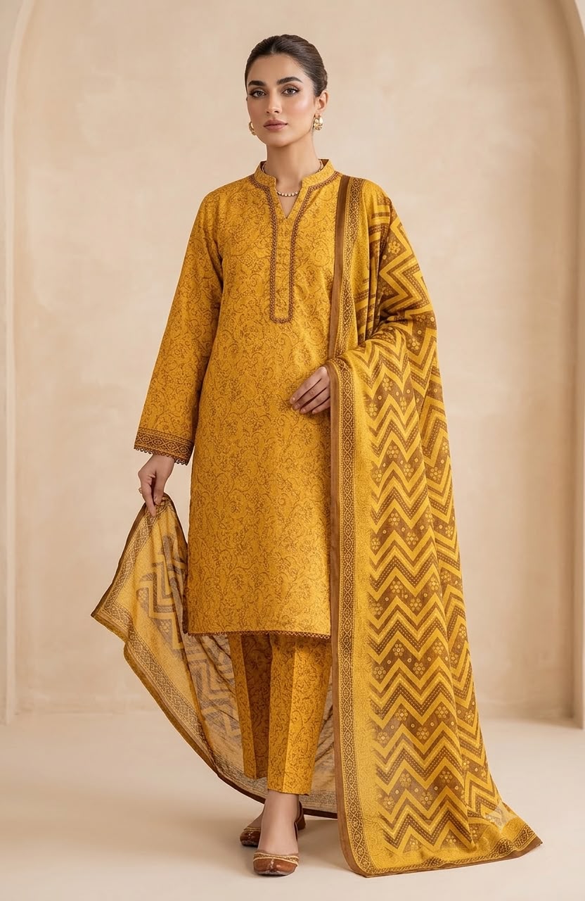 Premium Red Embroidered Lawn, Cotton, Silk  3PC Suit - KNST-001