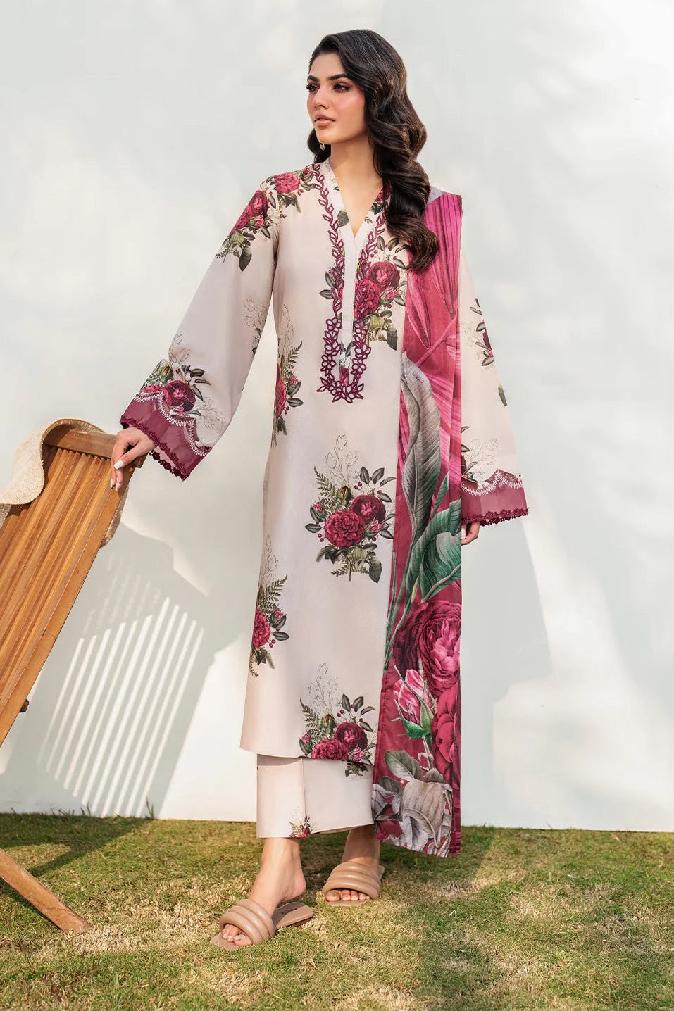 Premium Red Embroidered Lawn, Cotton, Silk  3PC Suit - KNST-001