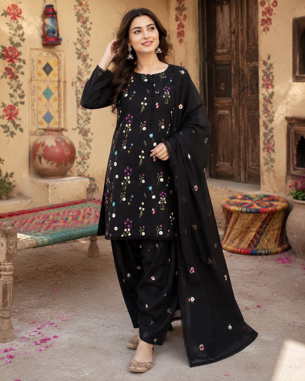 Premium Red Embroidered Lawn, Cotton, Silk  3PC Suit - KNST-001